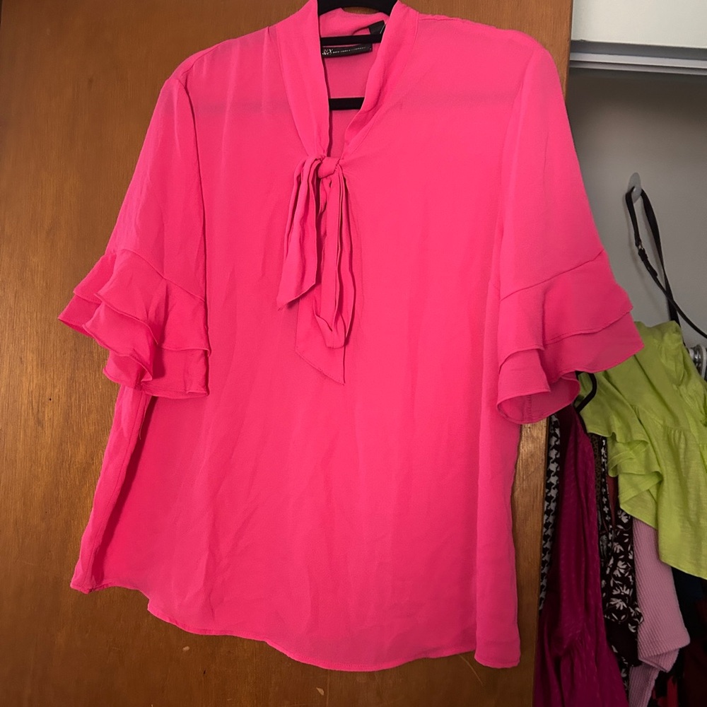 New York & Company Hot Pink Tie-Neck Ruffle Sleeve Blouse - Picture 2 of 6
